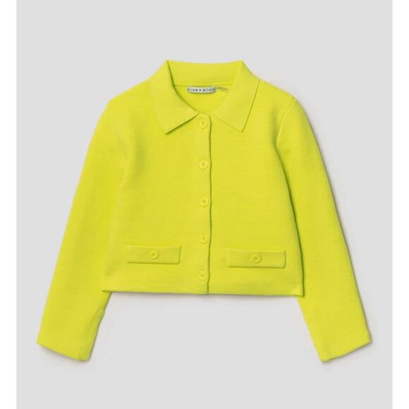 Alice + Olivia Ila Knit Neon Collared Cardigan Sweater Top Green Yellow XS - Picture 4 of 12